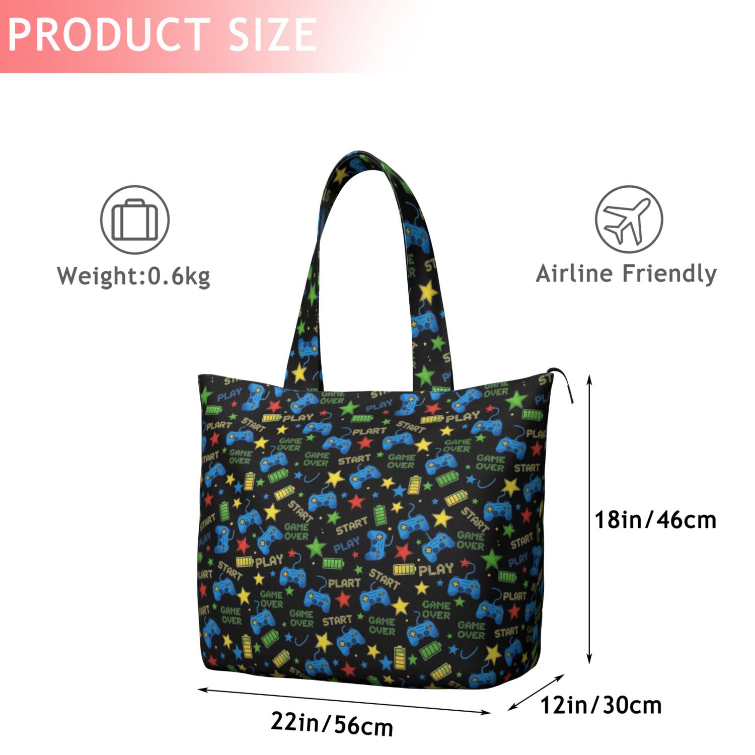 Colorful Controllers Games Icons Black Pattern Travel Tote Bags for Women Carry On,Large Weekender Bags for Women Travel,Multi Functional Duffle Bag for Work,Shopping,Sports