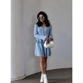 thumbnail image 6 of Women'S Two-Piece Knit Set Long Sleeve V-Neck Sweater with Ruffle Hem Mini Skirt Loungewear Blue M, 6 of 7