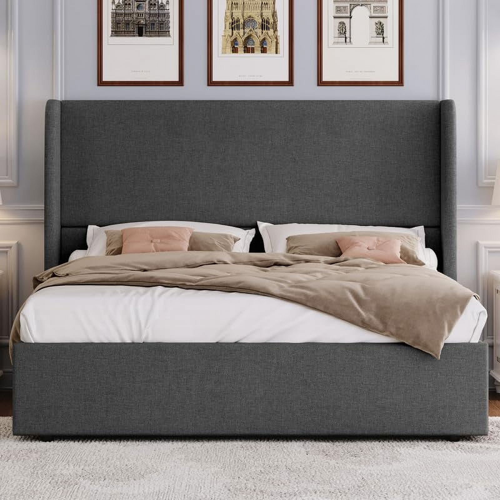 VanAcc Lift up Storage Bed Queen Size Upholstered Platform Bed Frame, Modern Wingback Headboard, No Box Spring Needed, Light Grey