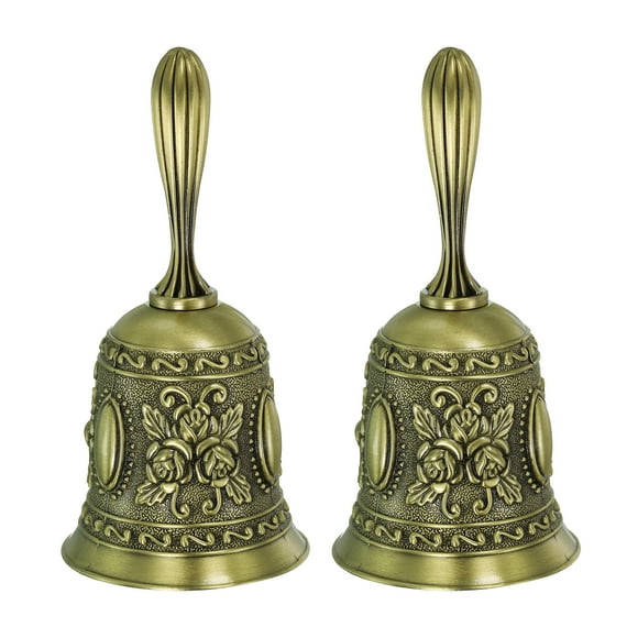Unique Bargains Hand Bell, 2pcs Dinner Bell Call Bell Vintage Carved Metal for Dinner Service Church Christmas, Bronze