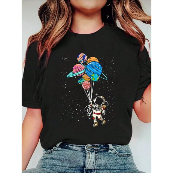 Astronaut Holding Planet Balloons Tshirt BoysGirls STEM T-Shirt Print Crew Neck Casual T-Shirt Short Sleeve Sports Top, Smart Casual/Street Style Women's Clothing