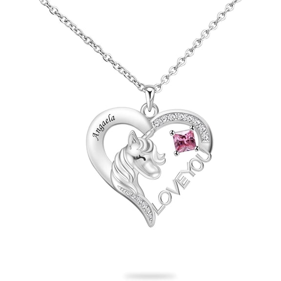 Personalized S925 Sterling Silver Unicorn Necklace with Birthstone Name Engraved Unicorn in Heart Pendant Necklace for Daughter Birthday Christmas Gift