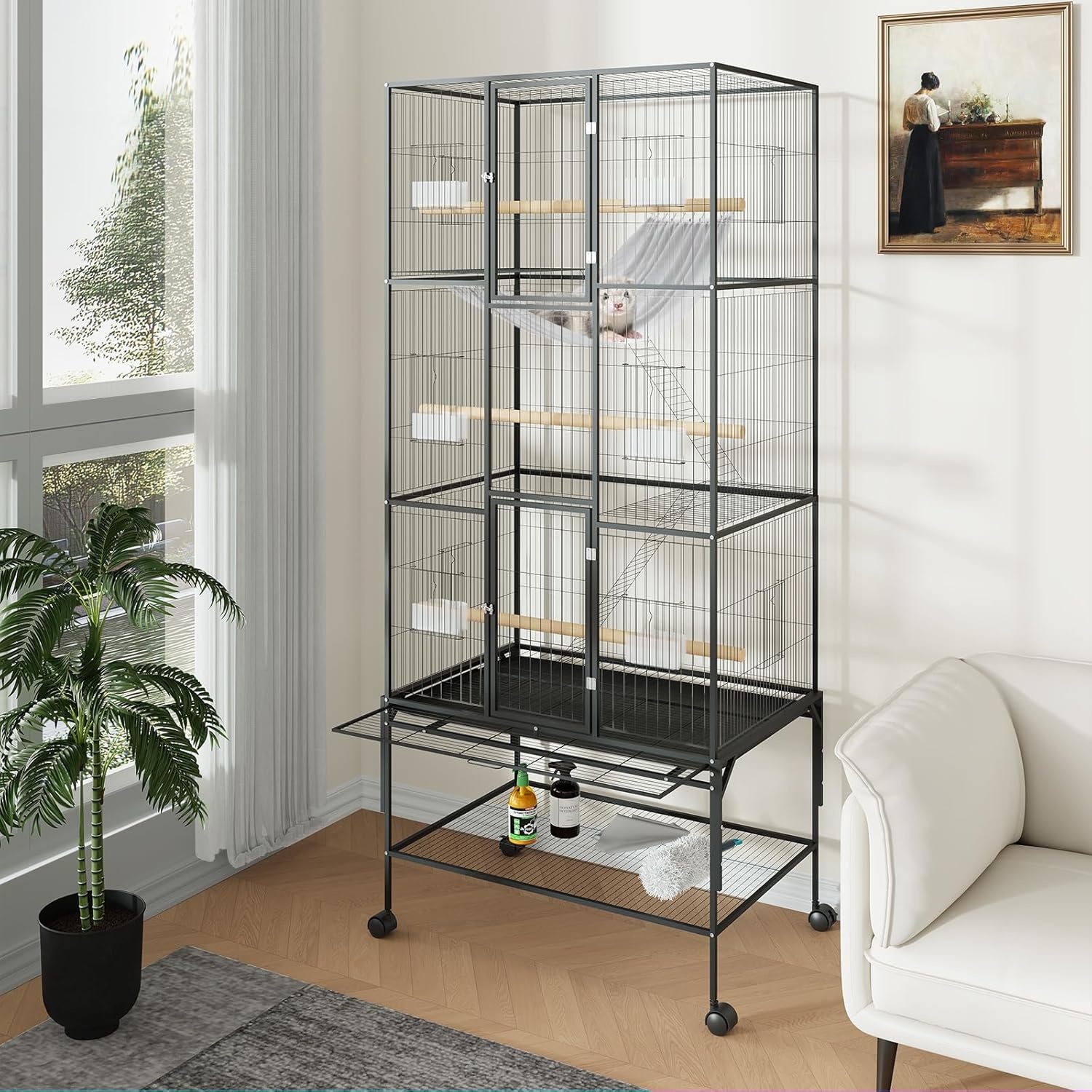 69 Inch Extra Large Wrought Iron Bird Cage for Parrots - Flight Cage with Storage Shelf & Stand, for Cockatiels, Conures, Parakeets, Lovebirds, and Finches