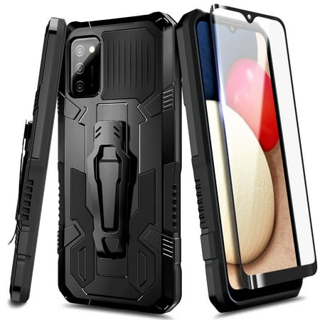 Nagebee Phone Case for Samsung Galaxy A02S with Tempered Glass Screen Protector (Full Coverage), Belt Clip [Built-in Kickstand], Dual Layer Full Body Shockproof Protective Rugged Defender Case (Black)