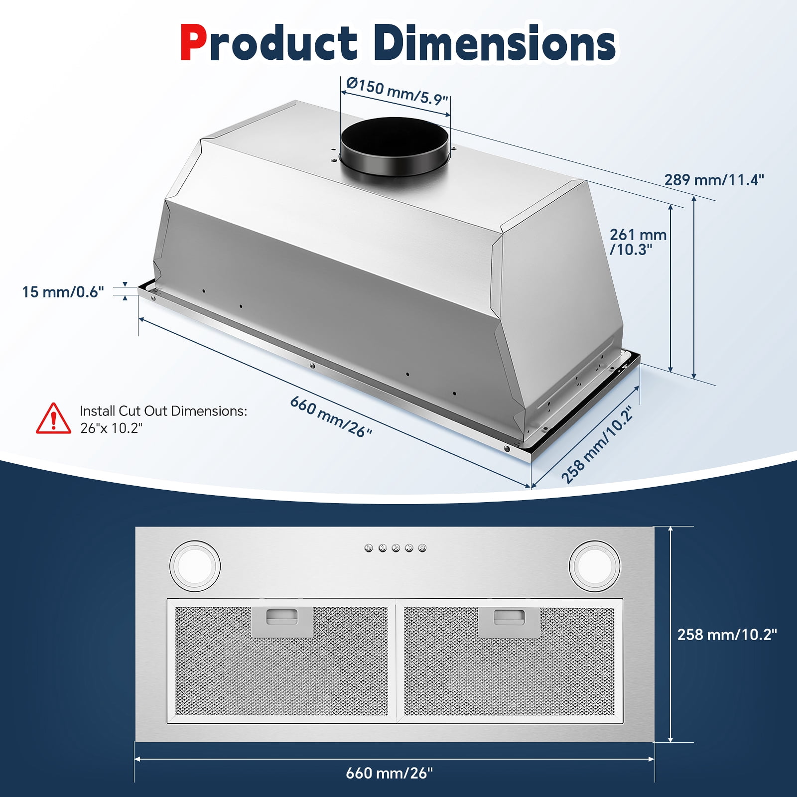 30"600CFM Range hood Insert - 110V Stainless Kitchen Stove Vent with Dishwasher-Safe Filters, 3-speed & LED Bulbs