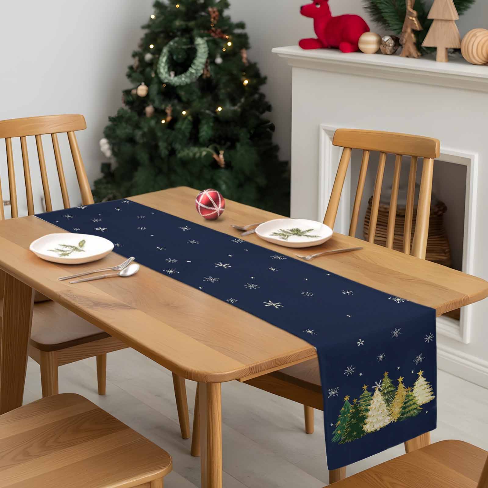 Navy Blue Christmas Dresser Scarf Farmhouse, Dining Table Decorations for Wedding/Parties, Xmas Tree Snowflake Table Runner 72 Inches Long for Kitchen Dining, 14 x 72 In
