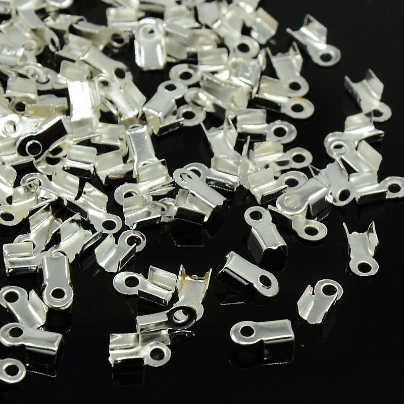 Iron Folding Crimp Ends Fold Over Crimp Cord Ends Silver Color Plated 9x3.5x4mm Hole: 2mm