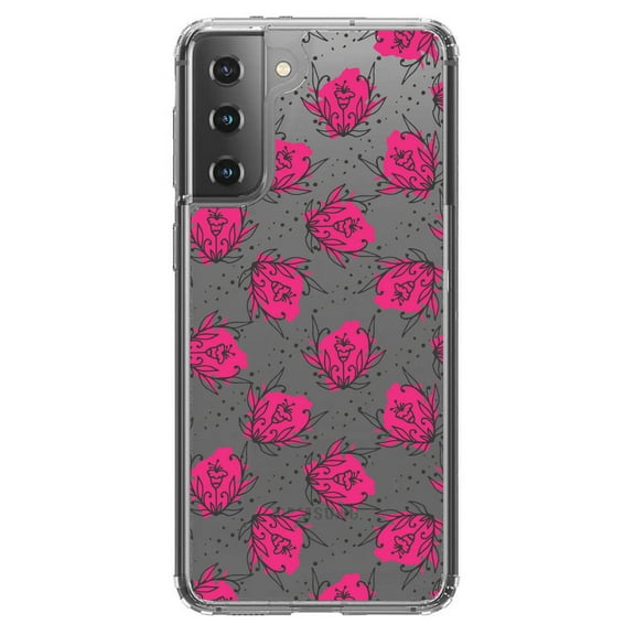 DistinctInk Clear Shockproof Hybrid Case for Galaxy S21 5G (6.2" Screen) - TPU Bumper Acrylic Back Tempered Glass Screen Protector - Wildflower Pink Graffiti
