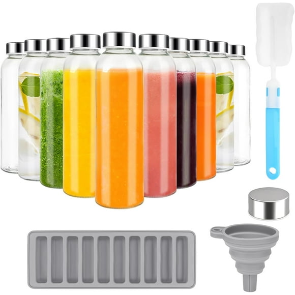 UTAH-18 oz Glass Juice Bottles with Lids for Juicing, Reusable Clear Glass Water Bottles with Stainless Steel Airtight Cap for Refrigerator, 100% Leak Proof, BPA Free, ECO Friendly, Set of 10