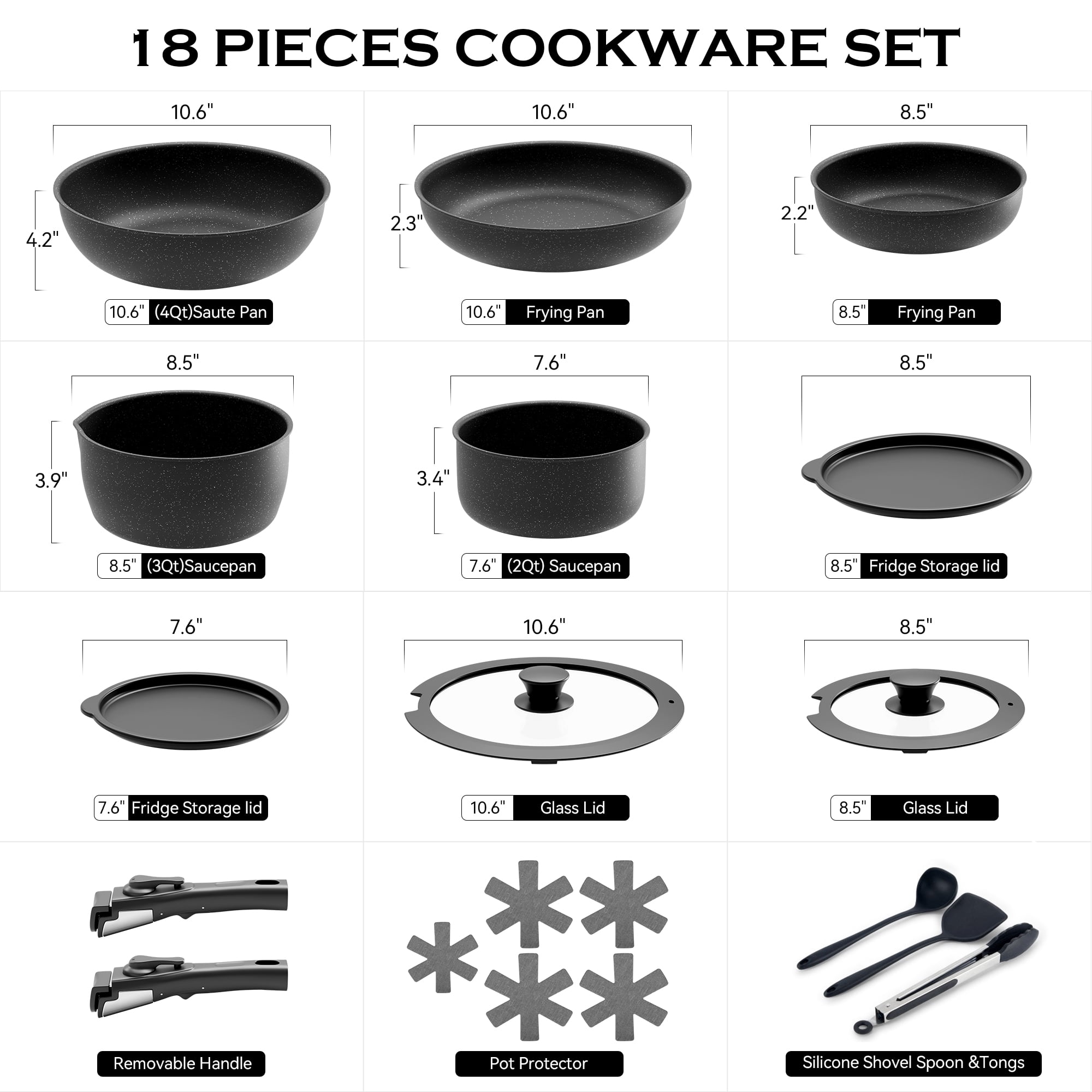 ALPULON 18Pcs Ceramics Pots and Pans Set with Lids, for Induction Cookware,Black