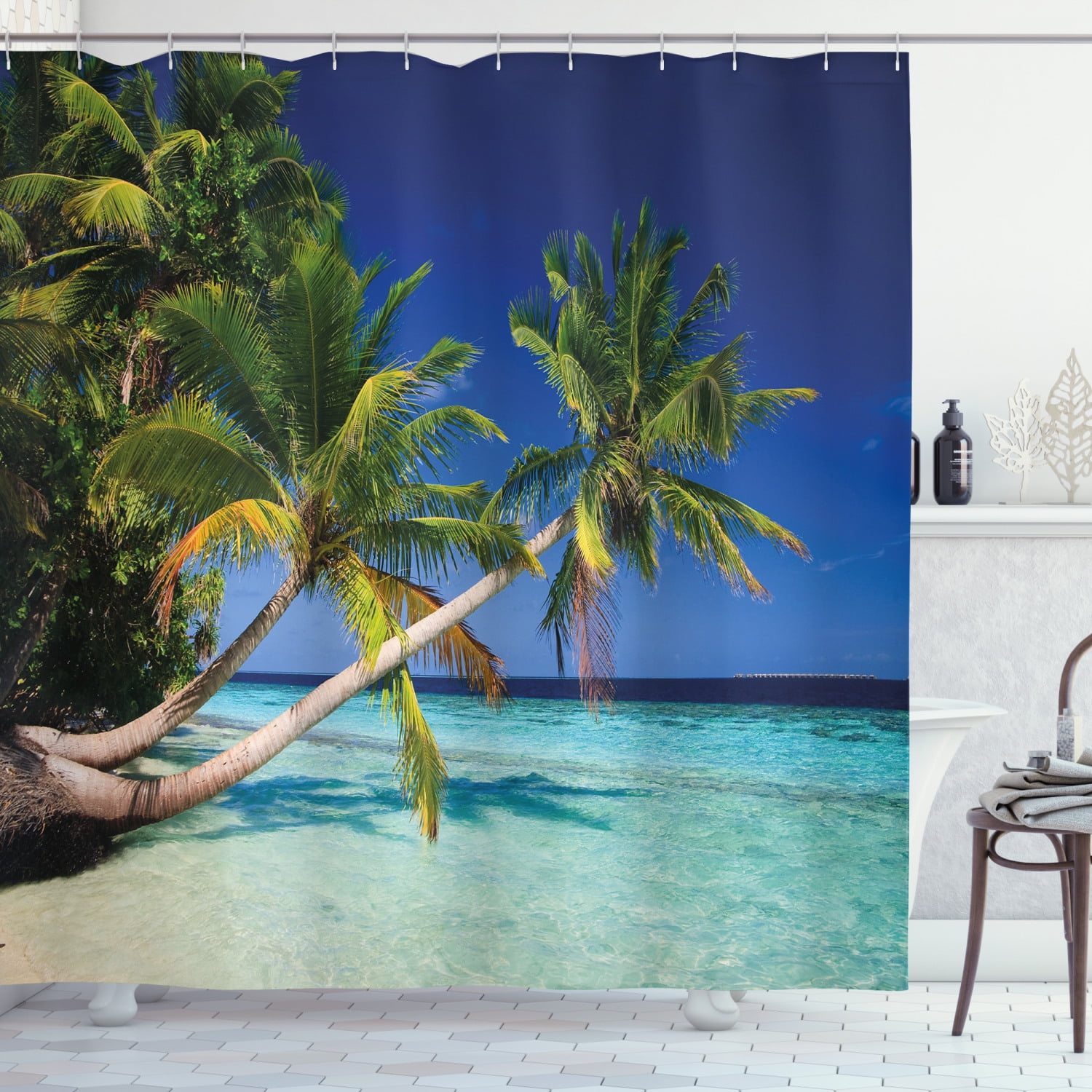 Seaside Sand Beach LOVE Palm Tree Polyester Waterproof Fabric Shower Curtain Set