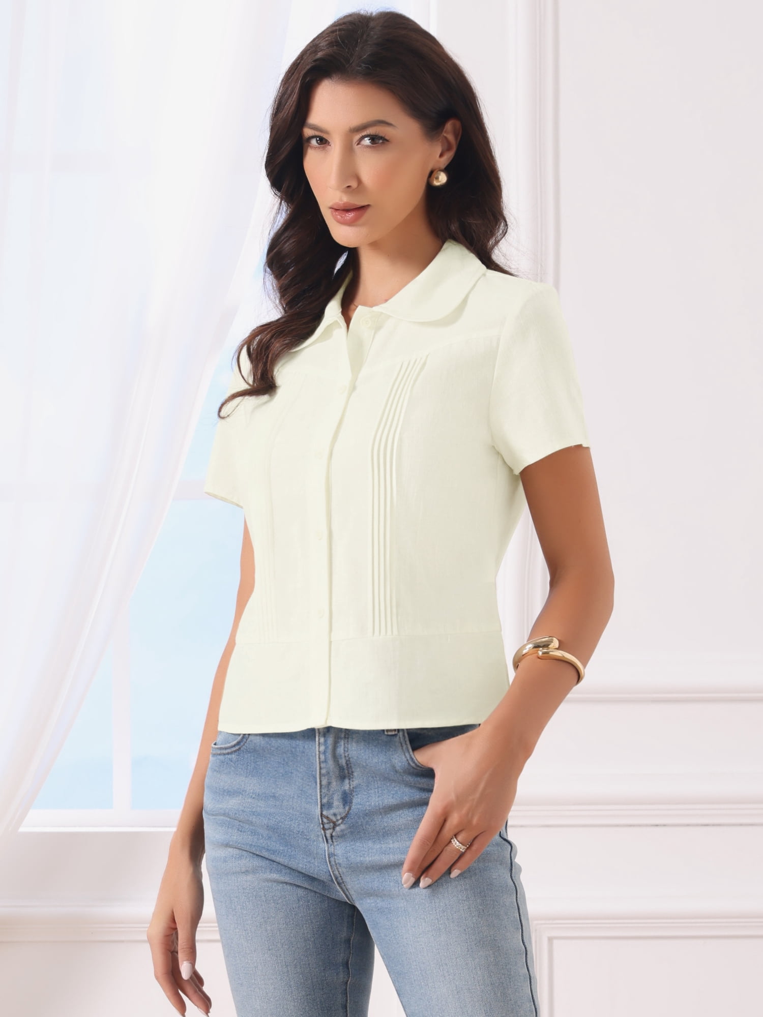 DARING DIVA Women's Button Down Shirt Short Sleeve Collared Neck Work Tops M Beige