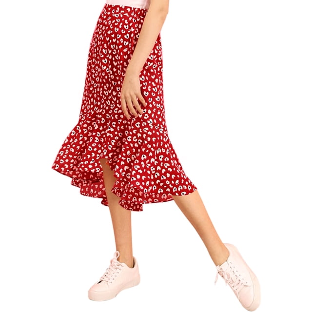 Unique Bargains Jupe Midi Trapèze à Volants à Imprimé Floral Léopard pour Femme