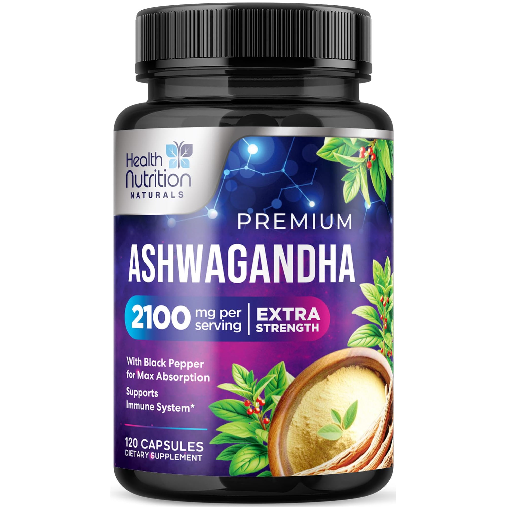 Ashwagandha Supplements 2100mg - Best Ashwagandha Root & Powder Capsule with Black Pepper for Max Absorption - Naturally Calm & Unwind for Women & Men - Vegan, Gluten Free, USA Bottled - 120 Capsules