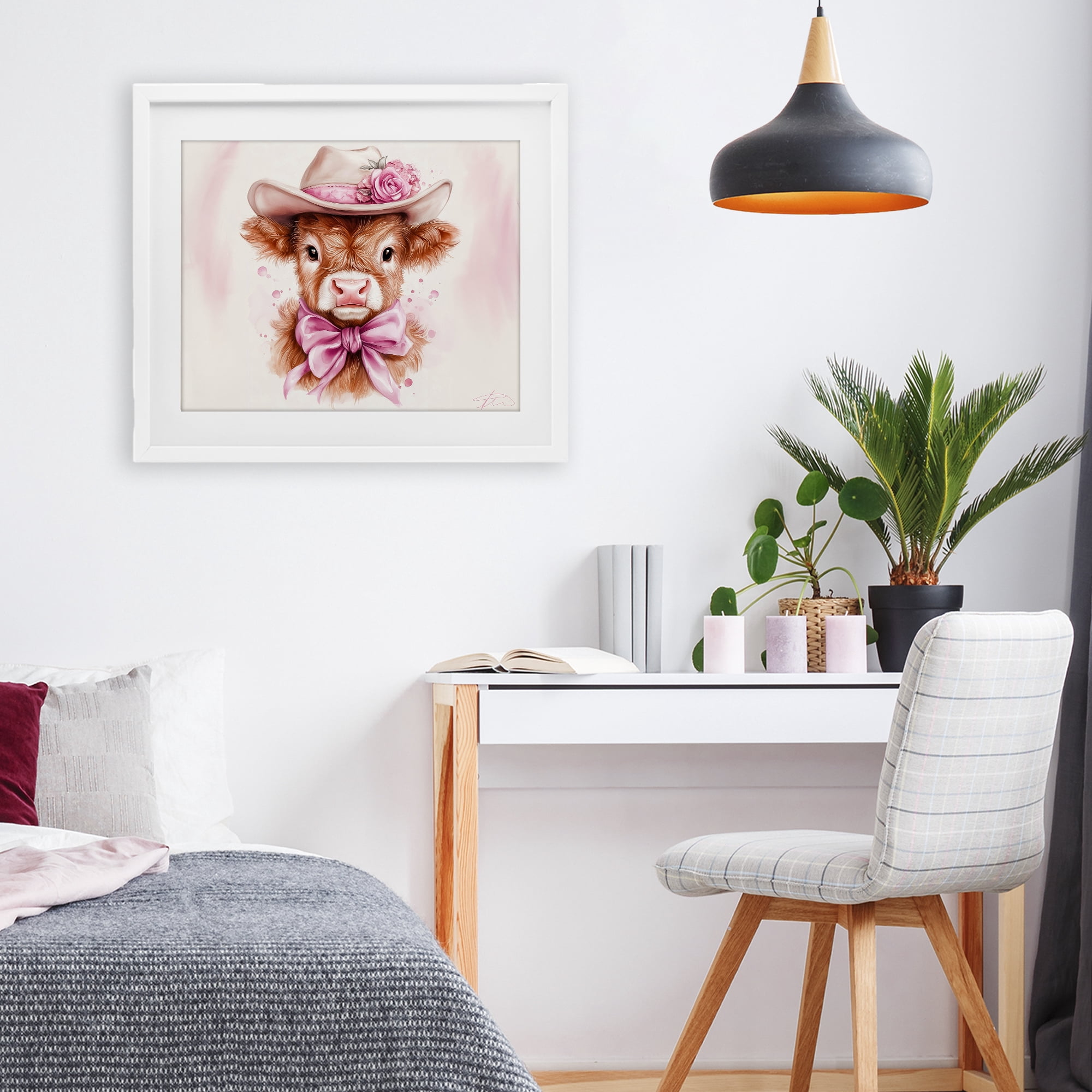 Pretty In Pink Cow White Framed Print Under Glass, design by Shawna Stewart