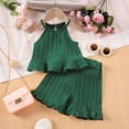thumbnail image 2 of Outfits Baby Girl Off Shoulder Backless Sleeveless Top With Ruffle Shorts 2 Piece Cotton Beach Toddler Girl Clothes Green 3 Years-4 Years, 2 of 7