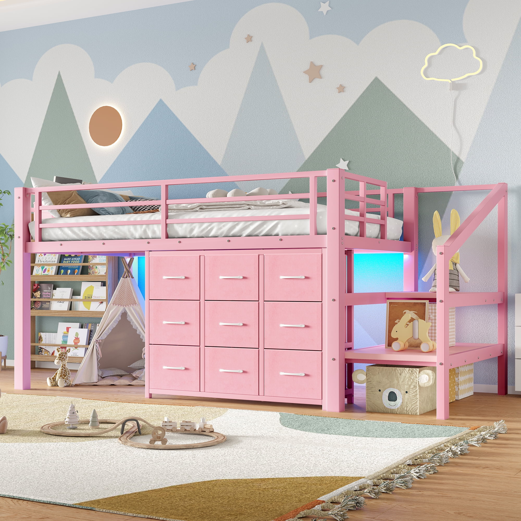 Leumius Twin Size Loft Bed with Storage Drawers and Stairs,Metal Loft Bed with Lights and Ample Under-bed Spaces,Multi-Storage Spaces,Pink