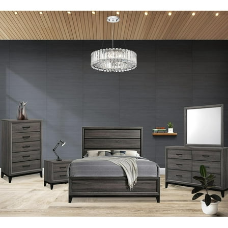Kings Brand Furniture – Ambroise 5-Piece King Size Bedroom Set, Grey/Black. Bed, Dresser, Mirror, Chest & 1 Nightstand
