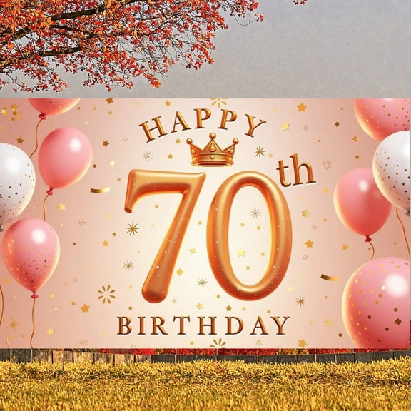 Pink Gold Theme Happy 70th Birthday Banner Golden Crown 70th Birthday Display Pink Balloons Star Pattern Birthday Celebration Backdrop for 70th Birthday Party Senior Birthday Celebration Indoor Party