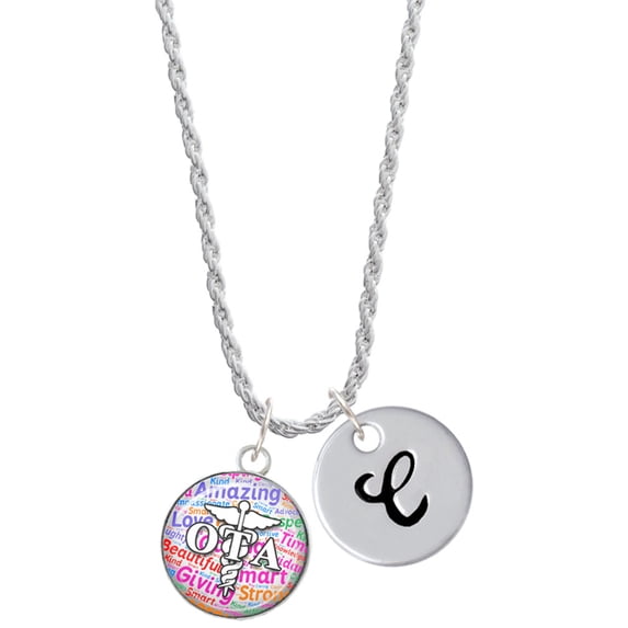 Delight Jewelry Silvertone Domed Multi Color OTA Silvertone Script Initial Disc - C - Charm Necklace, 20"+3"