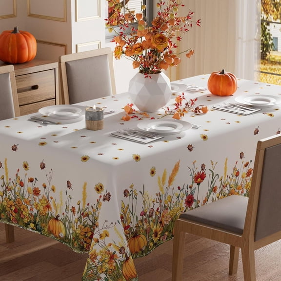 Fall Color Wild Flowers Pumpkin Tablecloth Rectangle Washable Table Covers for Home Party Decorations 60x84 Inch