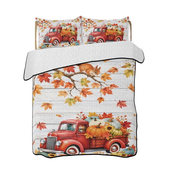 Full Size Quilt Bedding Set, Fall Red Truck Reversible Summer Quilt 3 Pieces, Thanksgiving Harvest Pumpkins Wooden Grain Lightweight Bedspreads Coverlets with 2 Pillow Shams for All Seasons