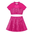 thumbnail image 3 of Alvivi Kids Girls Shiny Sequins Ballet Dance Outfits Short Sleeves Crop Tops and Skirt Set Hot Pink 8, 3 of 5