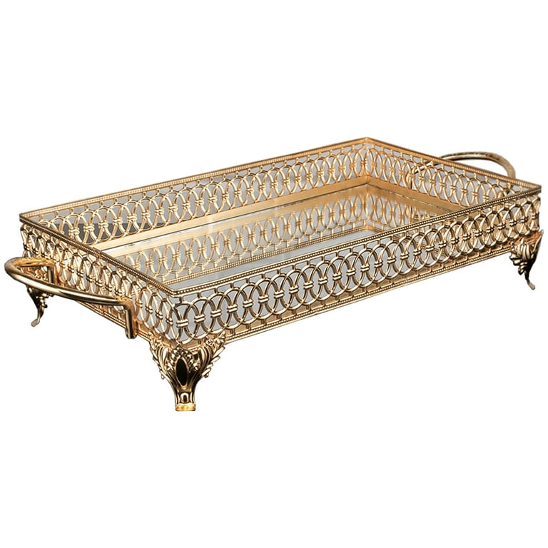 Handmade Mirror Gold Trays with Handles Decorative Perfume Trays Rectangle Fancy Serving Tray Metal Vanity Tray for Dresser and Bathroom