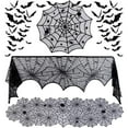 thumbnail image 1 of kkbbma Clearance 63 Pcs Halloween Table Decorations Set, Lace Spider Web Halloween Tablecloth, Round Lace Table Runner, Fireplace Mantel Scarf and 60 Pcs 3D Bats Wall Sticker Decal for Halloween, 1 of 8