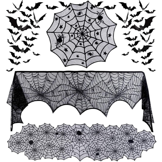 kkbbma Clearance 63 Pcs Halloween Table Decorations Set, Lace Spider Web Halloween Tablecloth, Round Lace Table Runner, Fireplace Mantel Scarf and 60 Pcs 3D Bats Wall Sticker Decal for Halloween