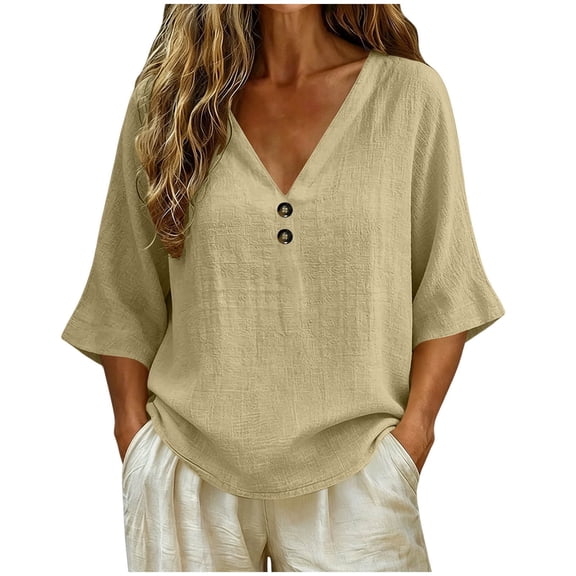 Aofany Womens Tops V-Neck Button 3/4 Sleeve T-Shirts Cotton Linen Shirts for Women