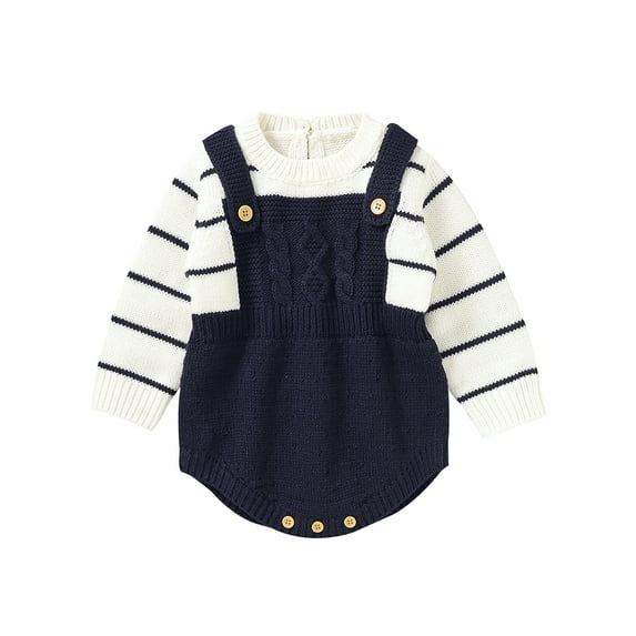 Toddler Baby Knit Sweater Rompers Striped Casual Fake Two Piece Warm Long Sleeve Jumpsuit