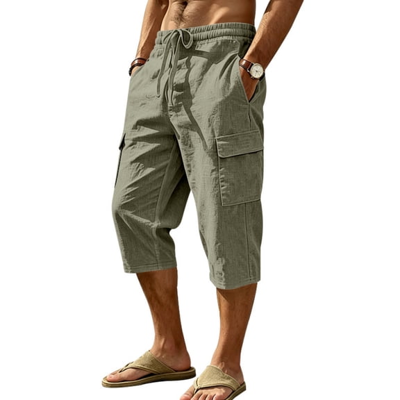 Gaukiv Linen Cargo Shorts for Men 7 Inch Inseam Multi Pocket Drawstring Waist Outdoor Hiking Work Bottoms Army Green 2XL