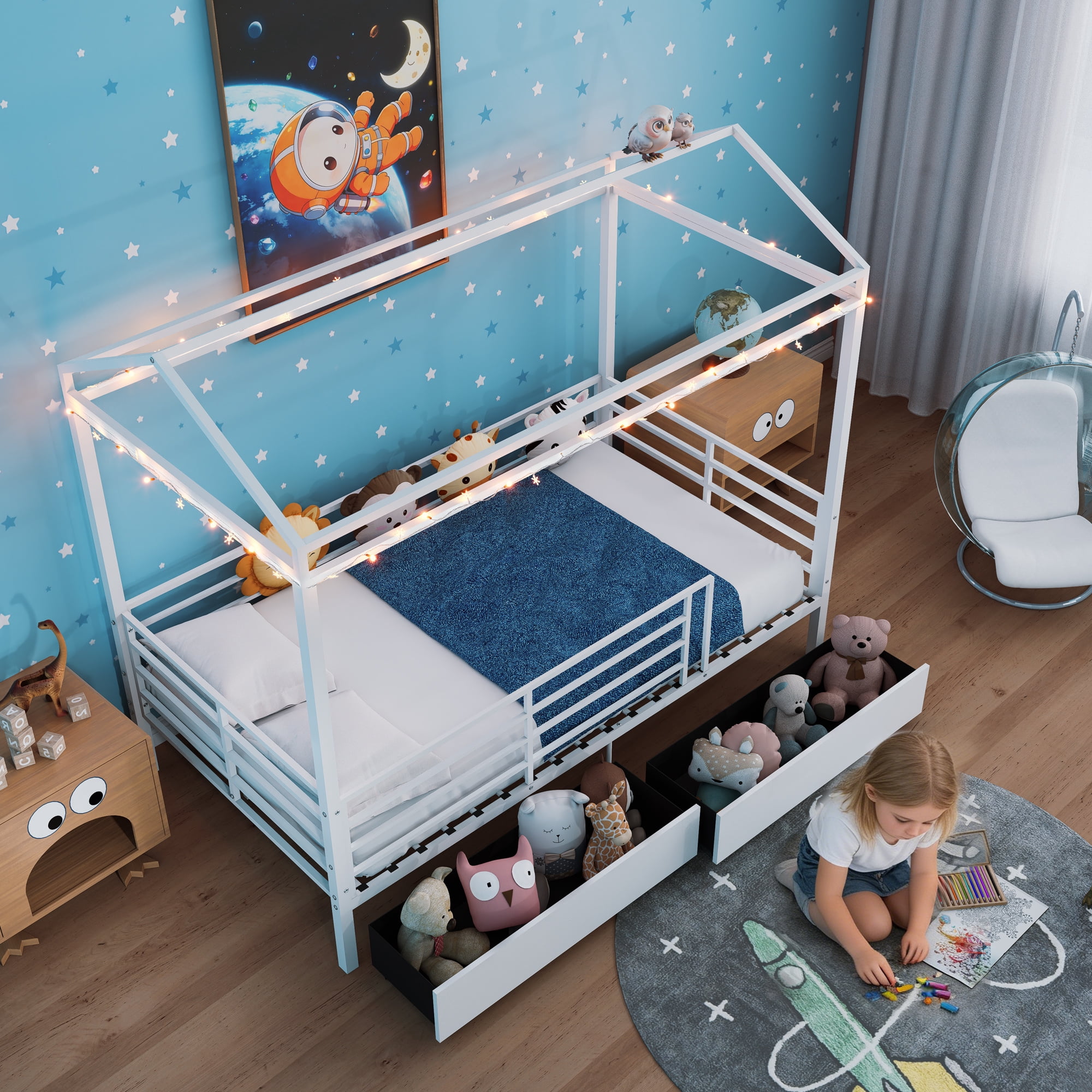 Mintazer Twin Size Metal House Bed with 2 Drawers, Kids Floor Bed with Guardrails for Boys & Girls, White