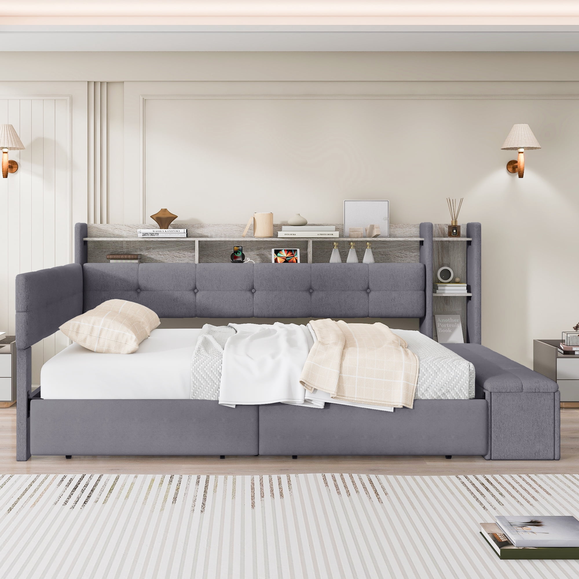 Euroco Upholstery Full Size Daybed with Drawers, Storage Sofa Bed with Footstool and Shelves, LED Light and USB Charging, Grey