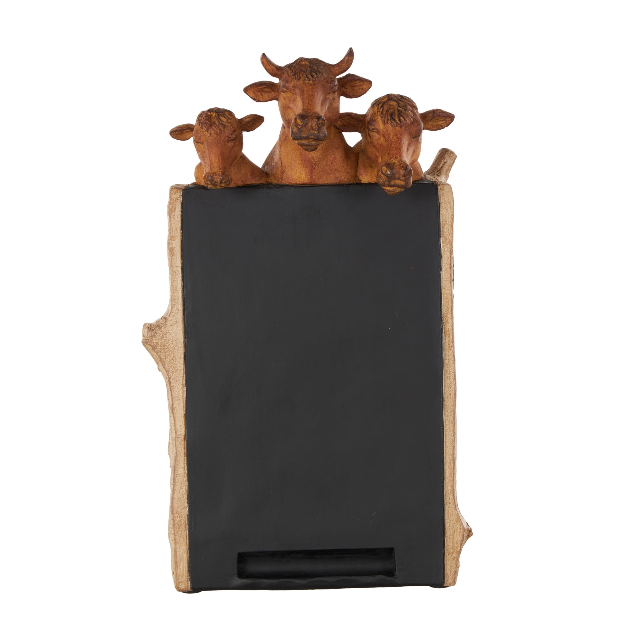 DecMode Cow Chalkboard Polystone Decorative Sign with Brown Tree Trunk Frame, 1-Piece