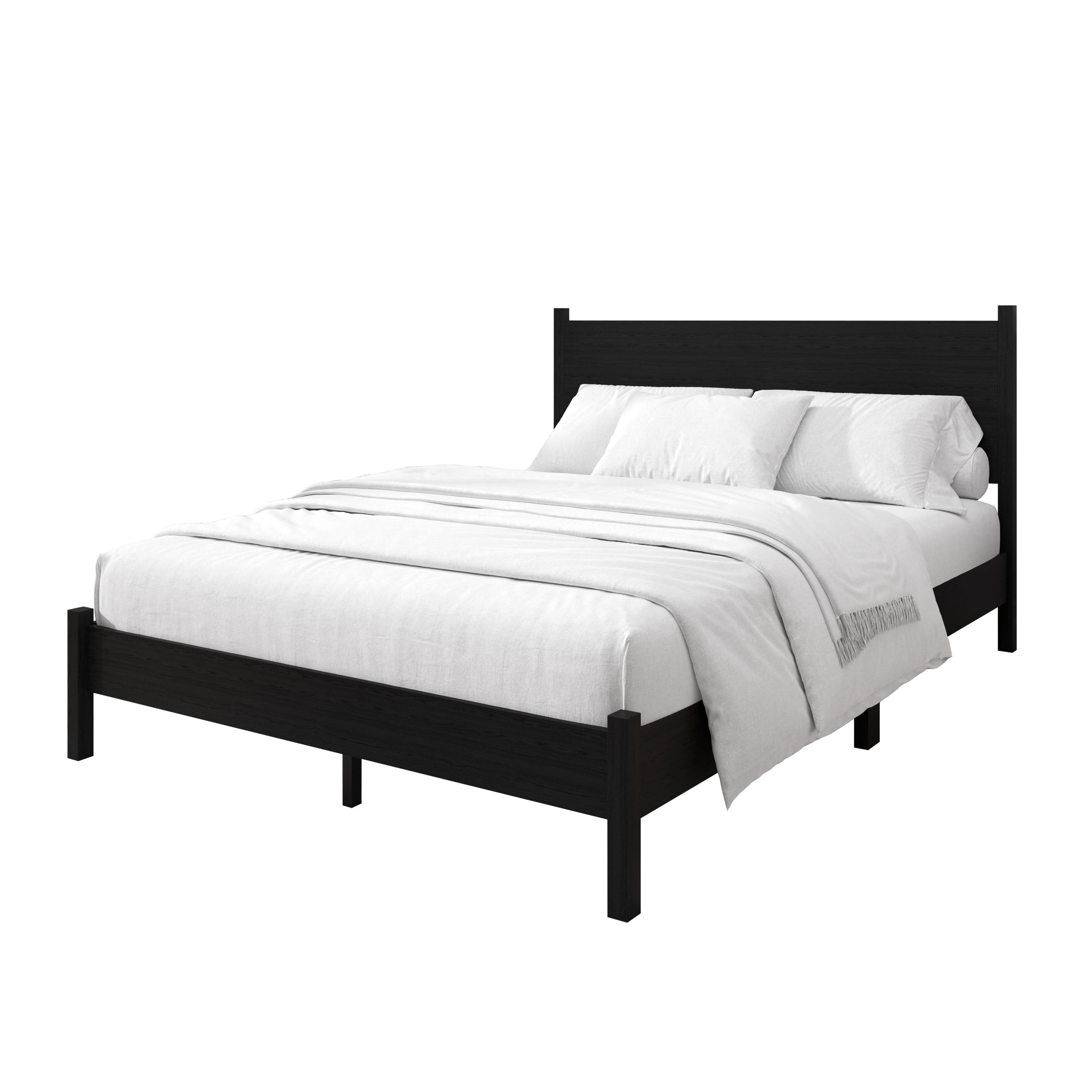 Home Design Branford Full Solid Wood Platform Bed Frame with Panel Headboard and Full Slat Support, Black