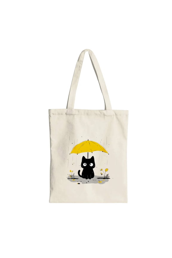Cute Black Cat With Yellow Umbrella In Rain Canvas Beige Tote Bag Single Sided No Closure Handbag 13.3 x 15.3 in