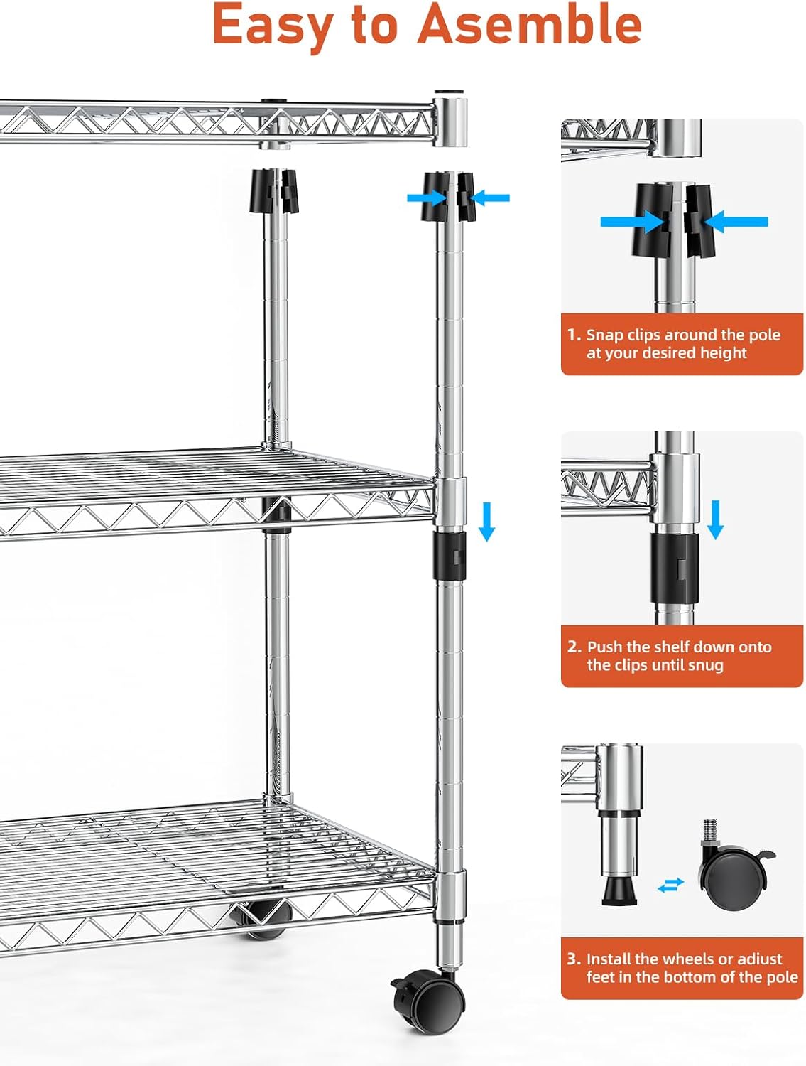 3-Shelf Wire Storage Shelves with Wheels,Adjustable Storage Units,Steel Organizer Wire Rack,Silver