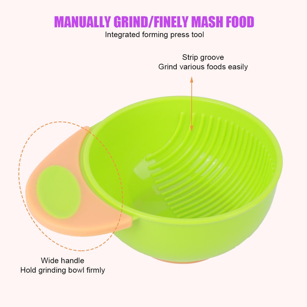 LAZIOEGR 4-Piece Baby Food Masher & Serve Set – Food-Grade PP Bowl, Fork & Spoon, Non-Slip Base, Spinning Handle, Orange & Green
