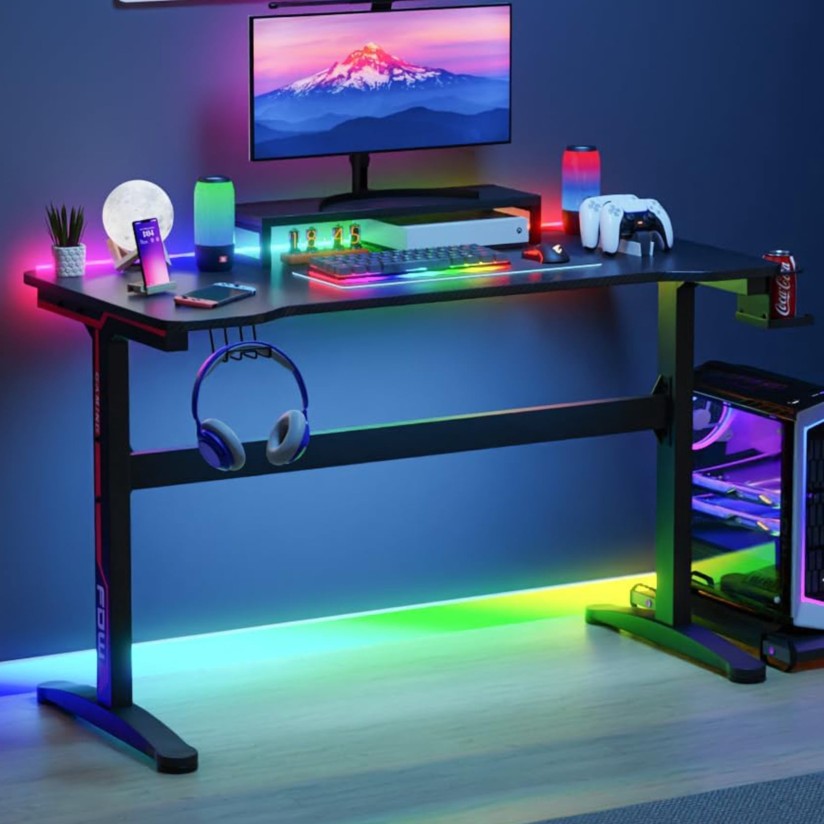 47 Inch Gaming Desk T-Shaped Tabl with Carbon Fiber Surface, Headphone Hook & USB Gaming Handle Rack & Cable Management Hole, Ergonomic Computer Desk for Home Gaming, Office Work, Study, Black