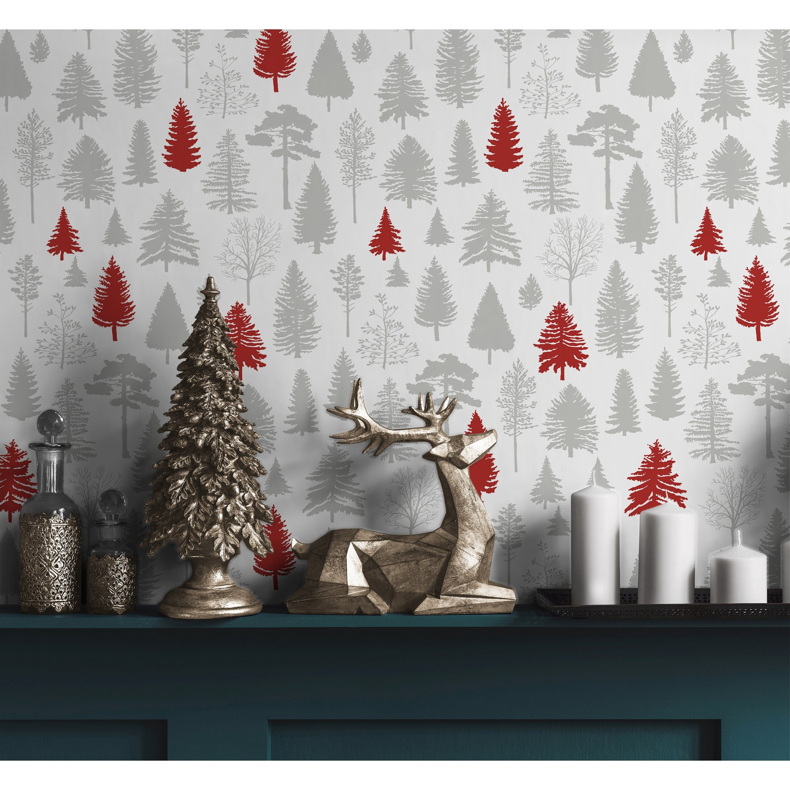 NextWall  Winter Forest Christmas Peel and Stick Wallpaper Grey & Red