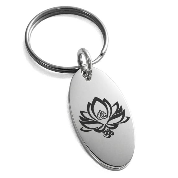 Stainless Steel Healing Lotus Om Engraved Small Oval Charm Keychain Keyring