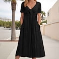thumbnail image 2 of Vestido largo liso con cuello en V y volantes de encaje para mujer - Poliéster elástico, elegante/casual, lavable a máquina, para la noche/cócteles, 2 of 7
