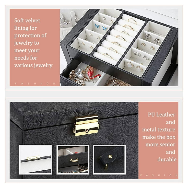Jewelry Organizer Box, Senior PU Leather Jewelry Box for Women, 3 Layer  Jewelry Storage Case with Drawers and Dividers for Earrings Necklaces Rings