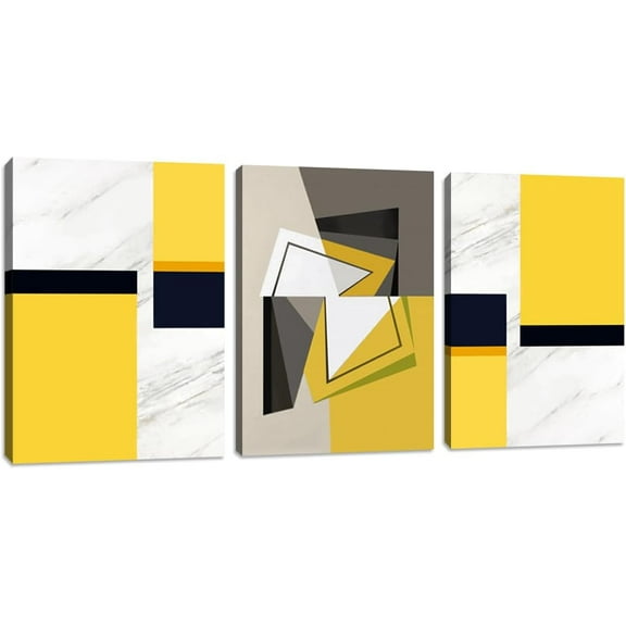 Geometric Wall Art 3 Pieces Framed Wall Art Canvas Artwork Paintings Abstract Yellow Room Decor Wall Posters Prints for Living Room Bedroom Bathroom Office (36"Wx16"H)