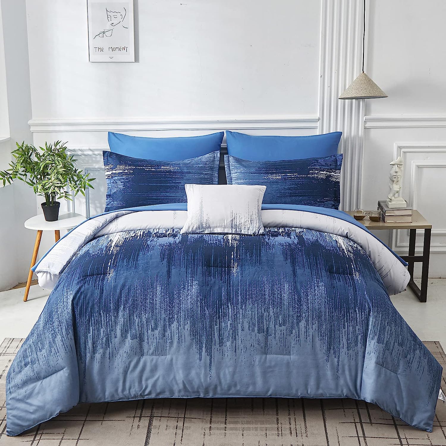 Ombre Blue Comforter Set Queen Size Reversible Gradient Blue Grey Boho