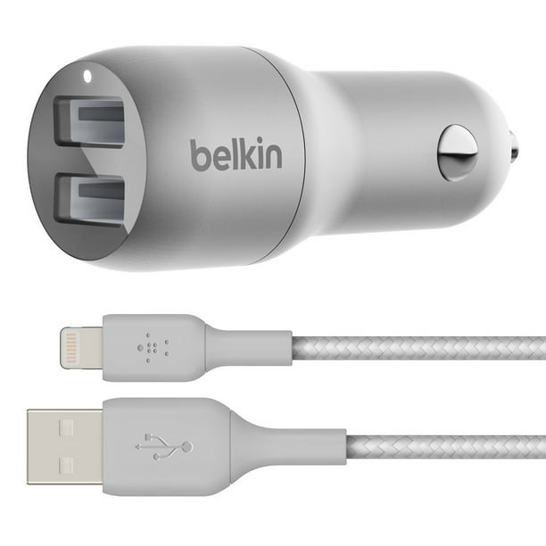 Belkin 24 Watt Dual USB Car Charger 2 12W USB A Ports with Braided LGT Cable Fast Charging Apple iPhone 14, 14 Pro, Pro Max, iPhone 13, Samsung Galaxy,