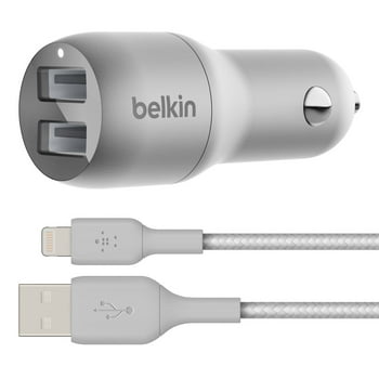 Belkin 24 Watt Dual USB Car Charger - 2 12W USB A Ports with Braided LGT Cable for Fast Charging Apple iPhone 14, 14 Pro, 14 Pro Max, iPhone 13, Samsung Galaxy, AirPods & More - USB-C Charger, Silver