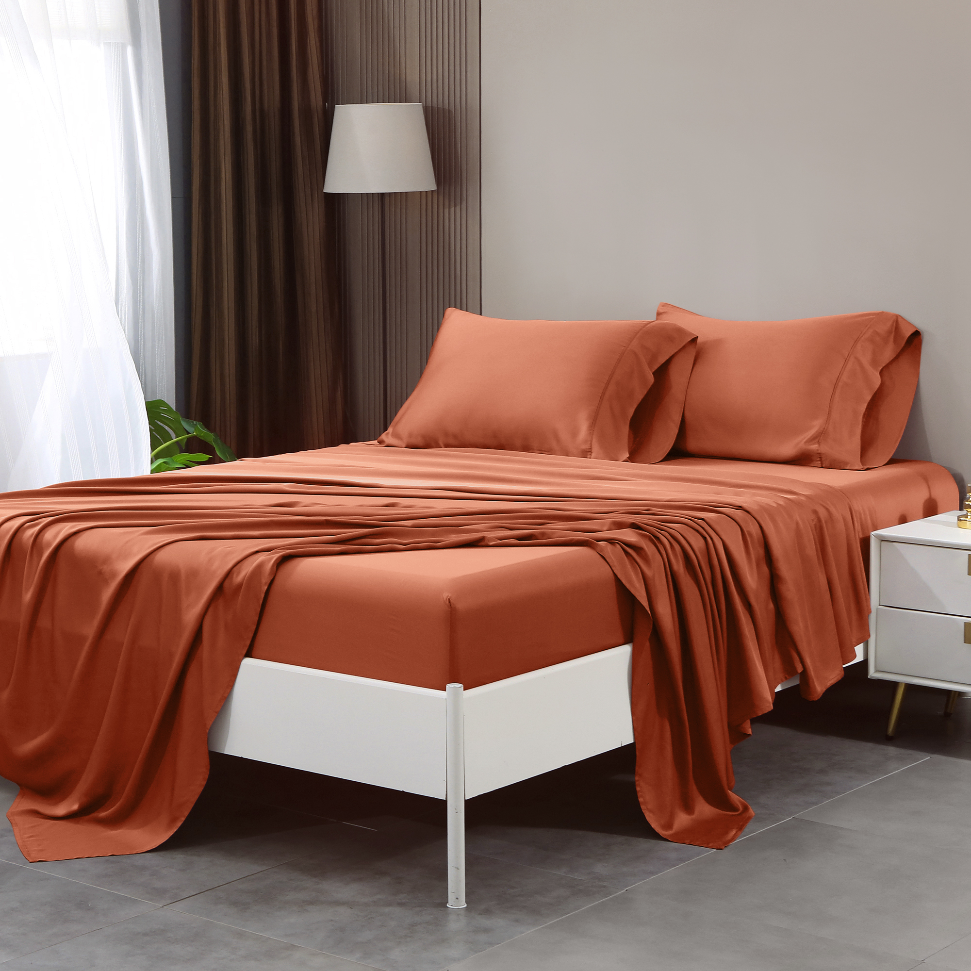 L Linen World 100% Viscose from Bamboo Sheets Set Full Size,Bamboo Cooling Bed Sheet 4 Pieces Deep Pocket Sheet,Silky Soft,Breathable(Caramel,Full)